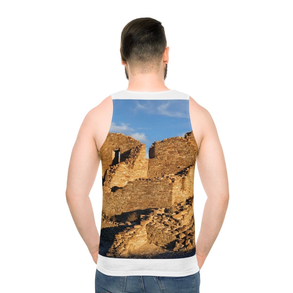 Anasazi Masonry Unisex Tank Top with Chaco Canyon Prehistoric Design - men back