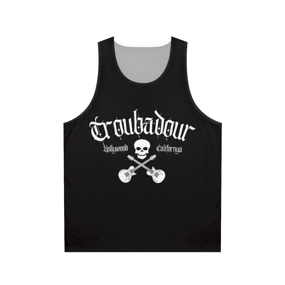 Unisex Troubadour rock band tank top with skull art design