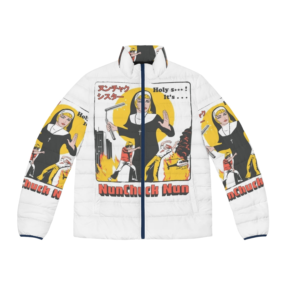 Nunchuck Nun Puffer Jacket - Retro Streetwear Parody