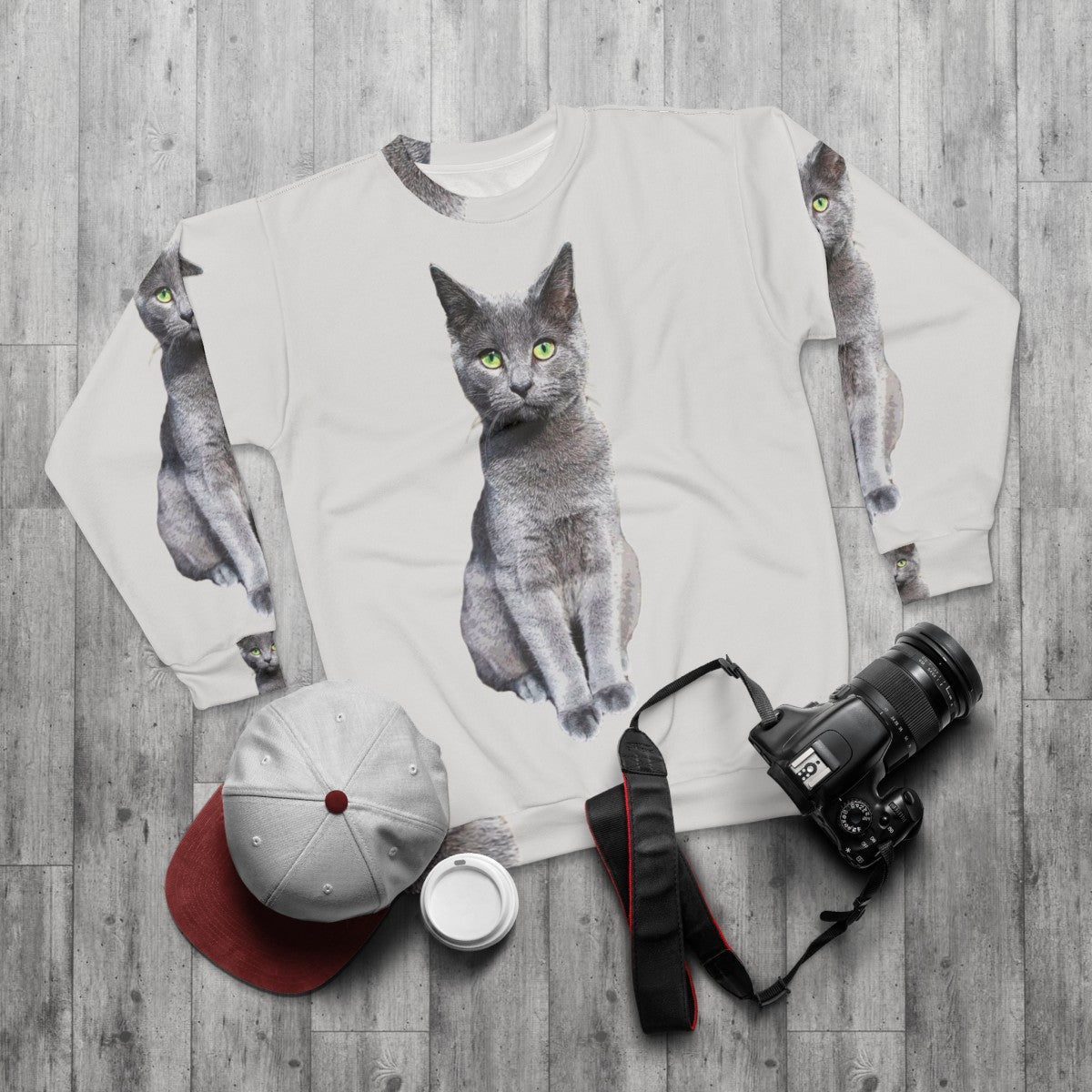 Adorable Russian Blue Cat Kitten Wearing Cozy Sweatshirt - flat lay