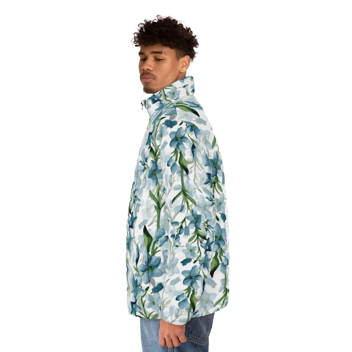 Blue watercolor floral puffer jacket - men side left