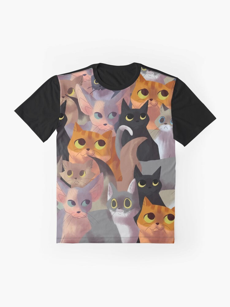 Graphic t-shirt featuring a cute and playful cat pattern design, ideal for cat lovers. - Flat lay