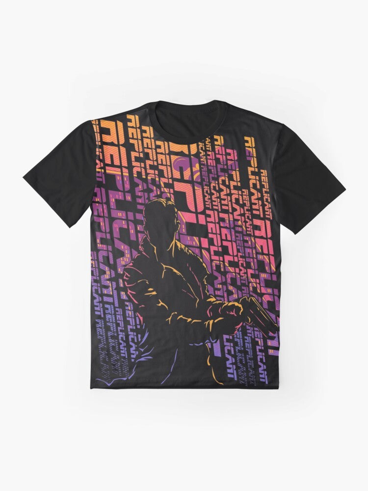 Blade Runner sci-fi movie graphic t-shirt featuring futuristic city, androids, and police spinner - Flat lay