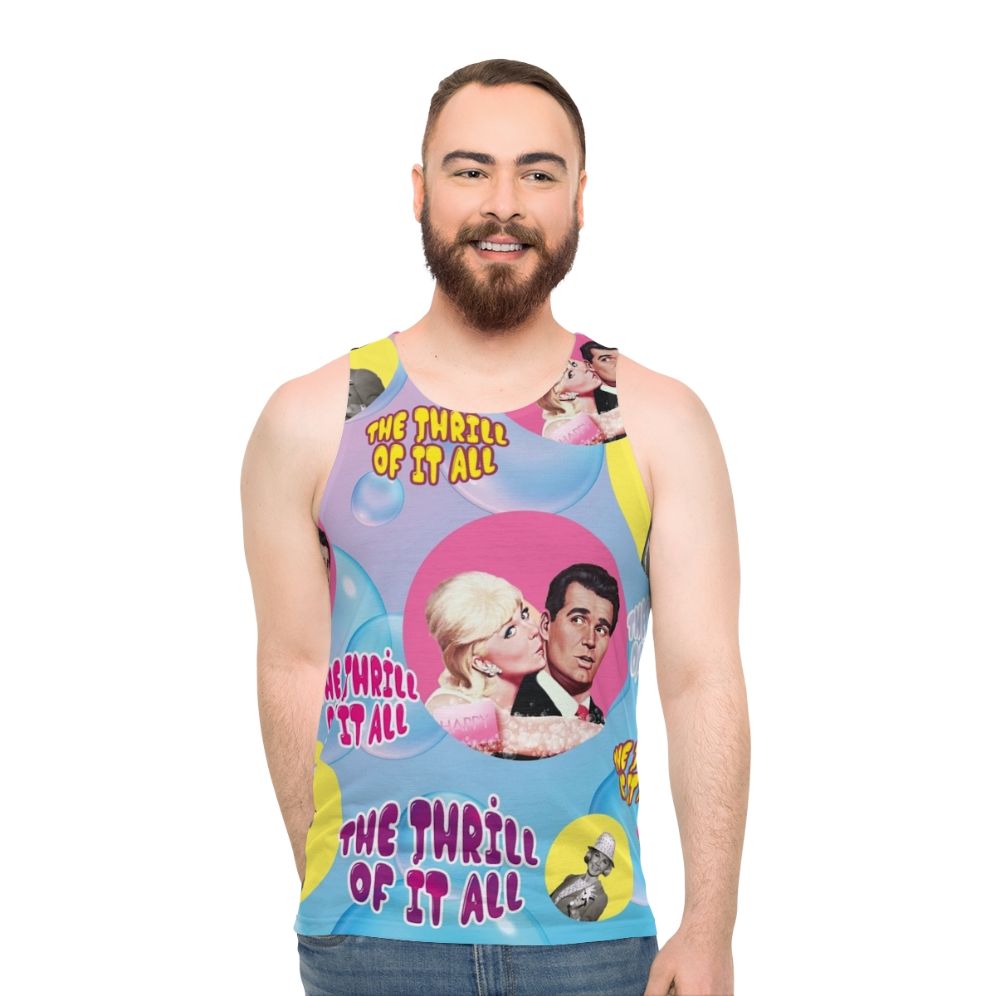 Retro 60s comedy unisex tank top with "The Thrill of It All" movie design - men