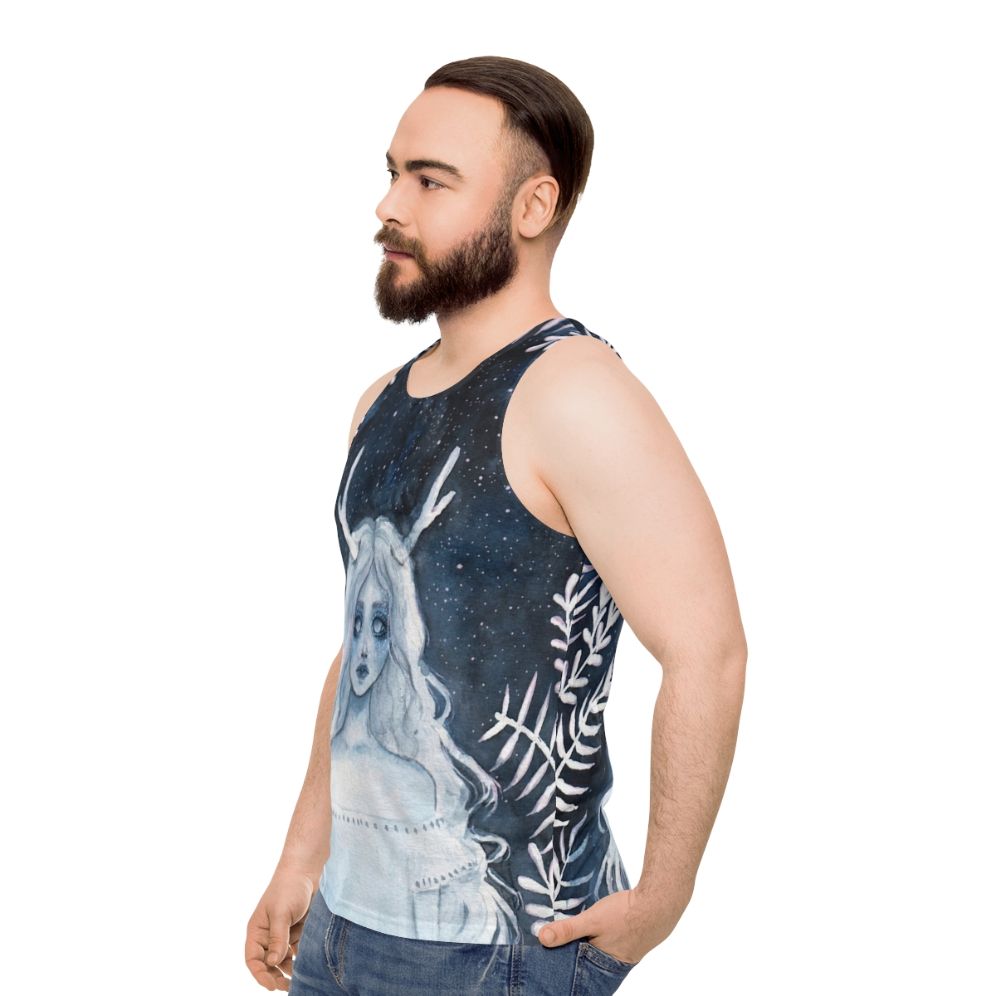 Unisex watercolor fantasy tank top with deer and starry night design - men side