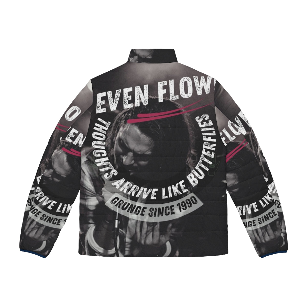 Grunge-inspired puffer jacket featuring Eddie Vedder and Pearl Jam's "Ten" album artwork - Back