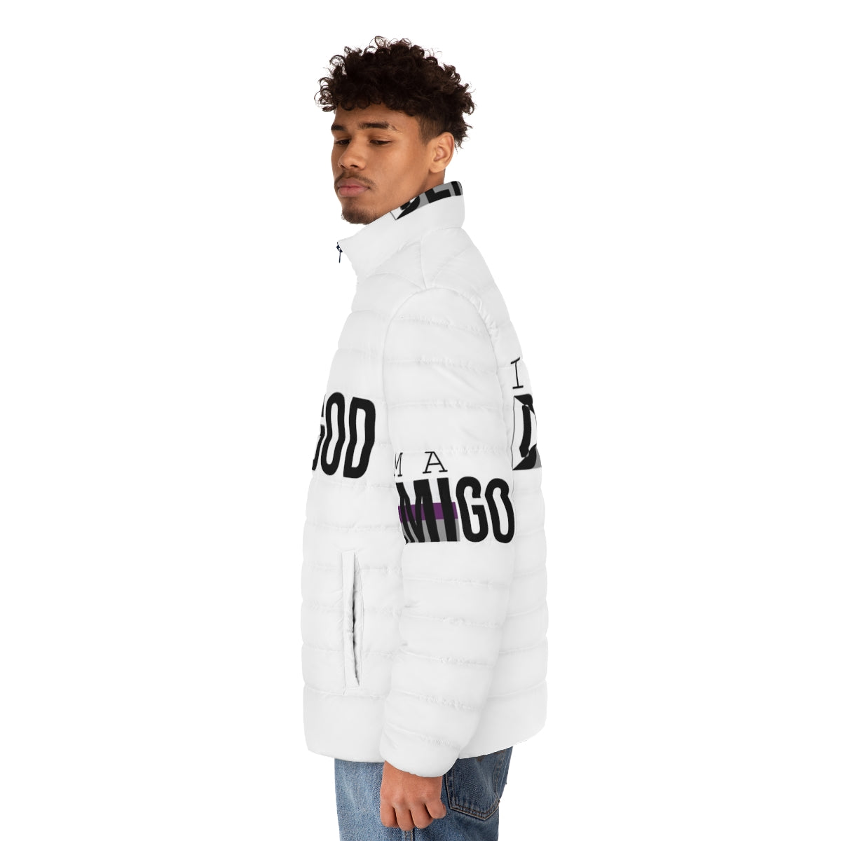 Demisexual Pride Puffer Jacket with LGBTQ+ symbols and quotes - men side left