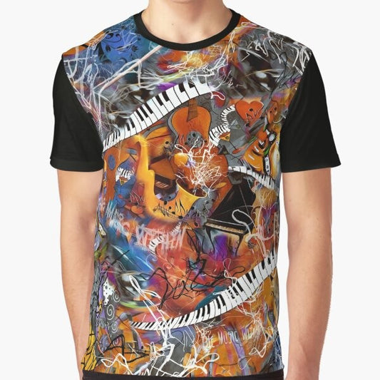 Abstract scribble design featuring various musical instruments like saxophone, piano, and keyboard on a graphic t-shirt for music lovers.