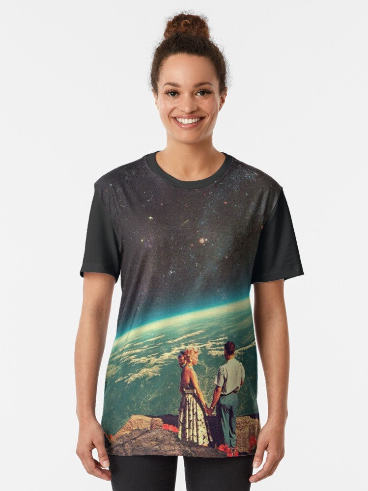 A vintage-inspired graphic t-shirt featuring a collage of a couple in love, surrounded by space, planets, and stars in a romantic, surreal scene. - Women