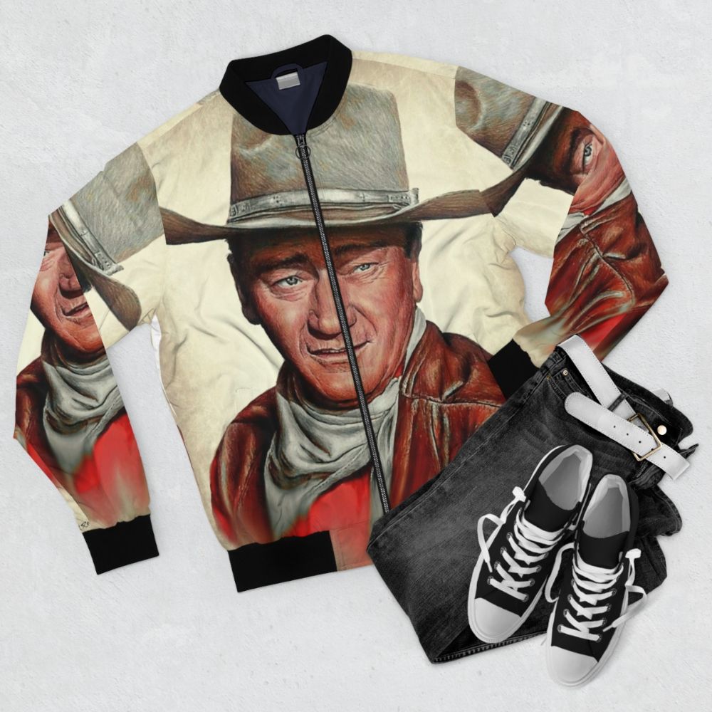 Western Icons 2 Duke Bomber Jacket featuring an iconic portrait of legendary actor John Wayne in a retro, vintage style. - Flat lay