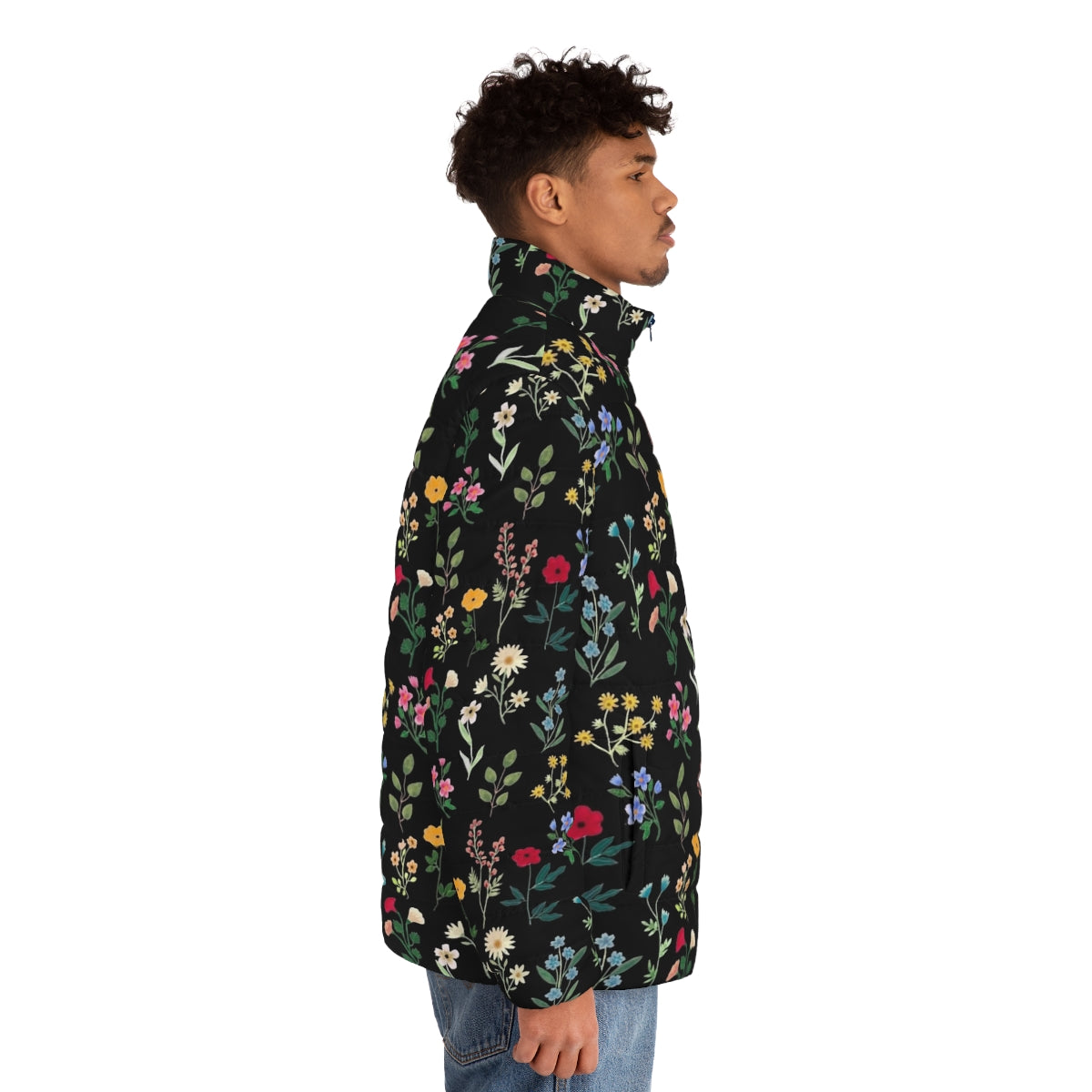 Spring Botanicals Black Puffer Jacket with Floral Pattern - men side right