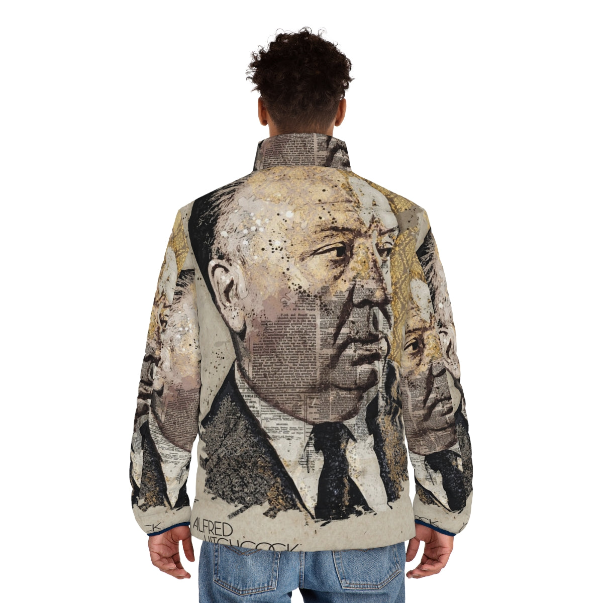 Alfred Hitchcock movie director portrait wall art on a puffer jacket - men back