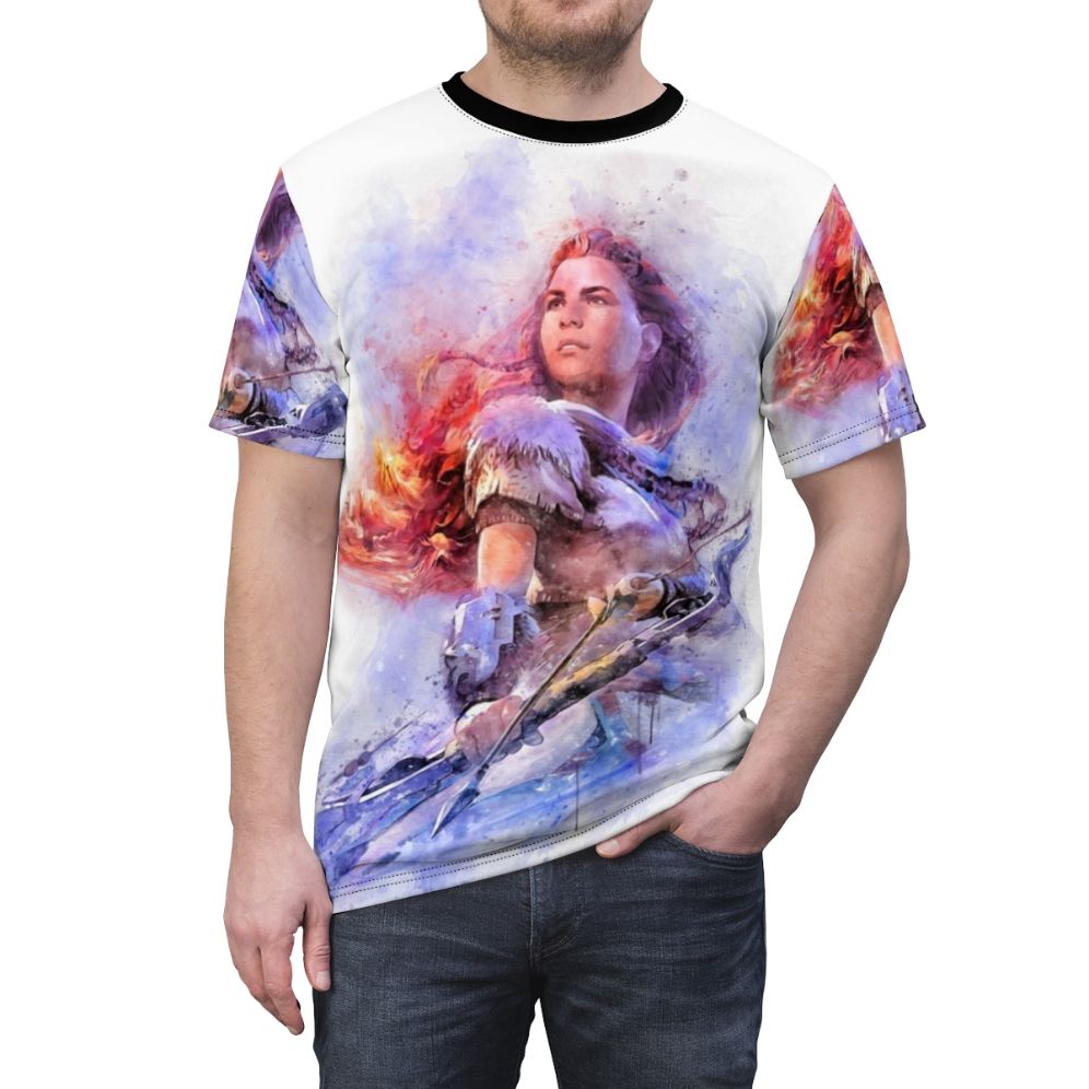 Horizon Zero Dawn inspired watercolor AOP t-shirt featuring the character Aloy - men front