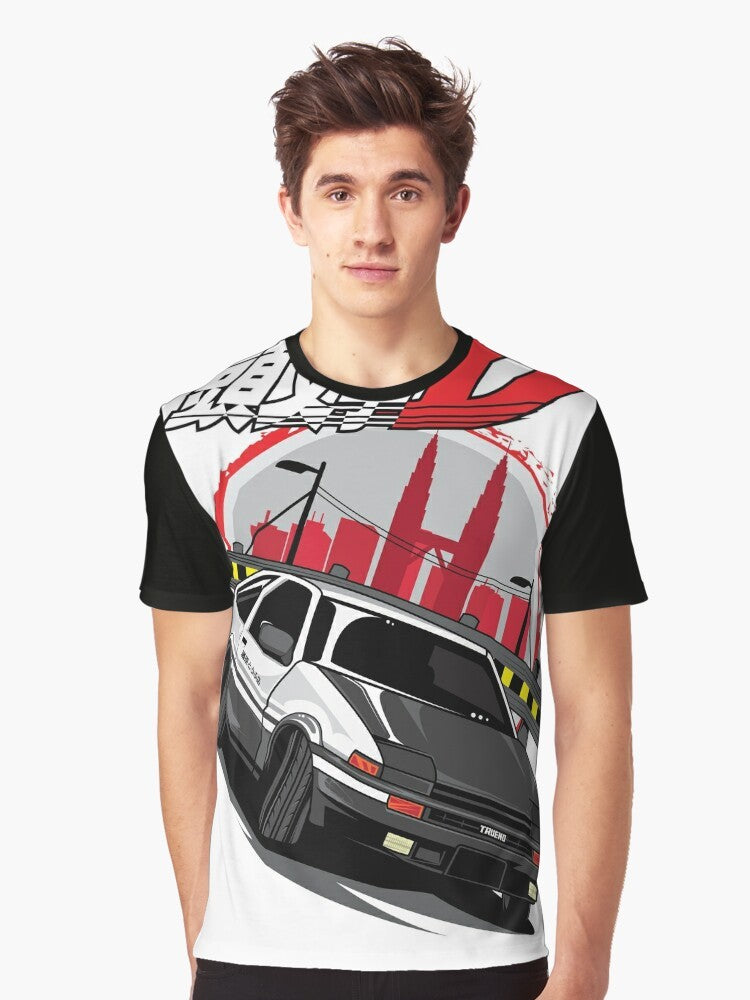 Initial D AE86 Graphic T-Shirt featuring the iconic Toyota Corolla Levin AE86 from the legendary anime series. - Men