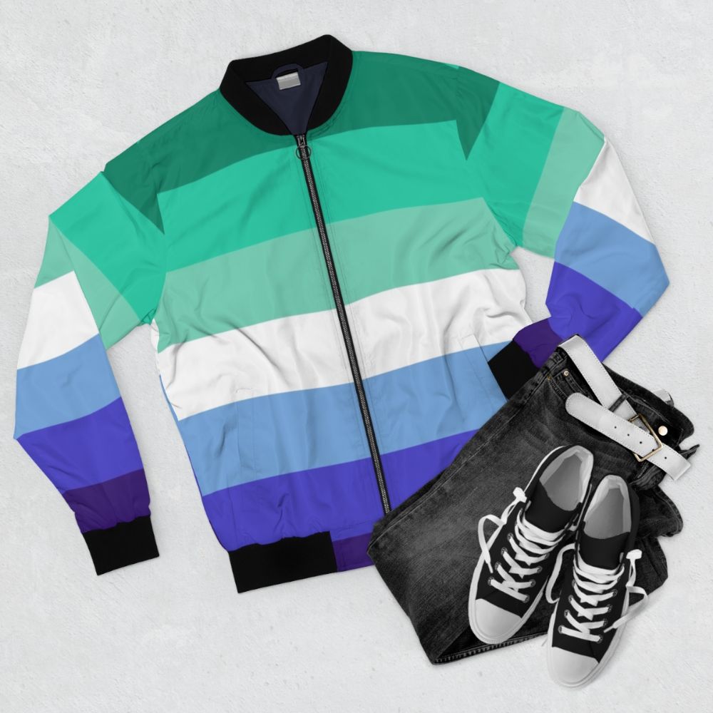 MLM Gay Pride Bomber Jacket featuring the Pride flag design - Flat lay