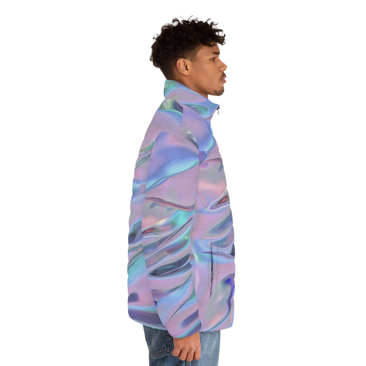 Holographic puffer jacket with abstract, colorful graphic design - men side right