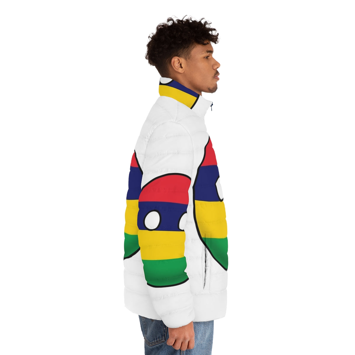 Mauritius Countryball Puffer Jacket featuring the iconic Mauritius flag design - men side right