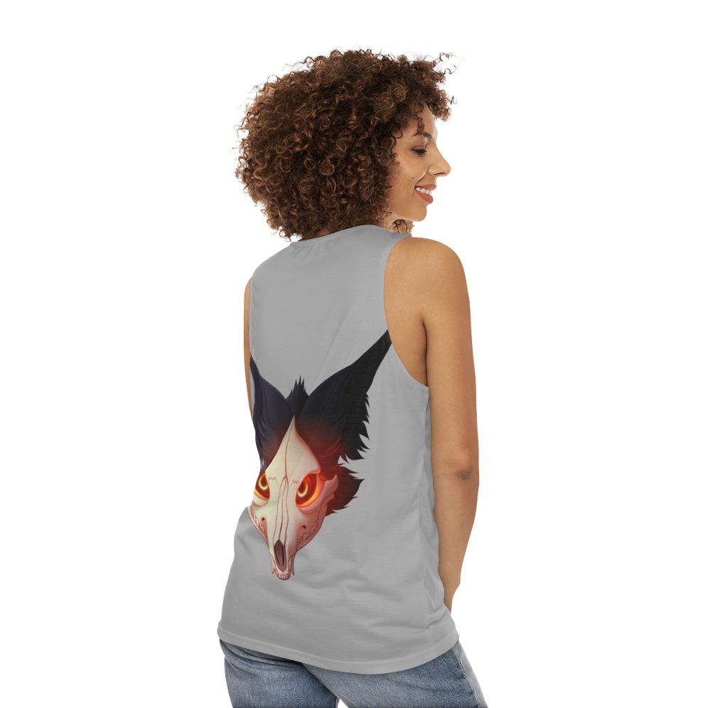 Cadaver unisex tank top with werewolf, skull, and gothic design - women back