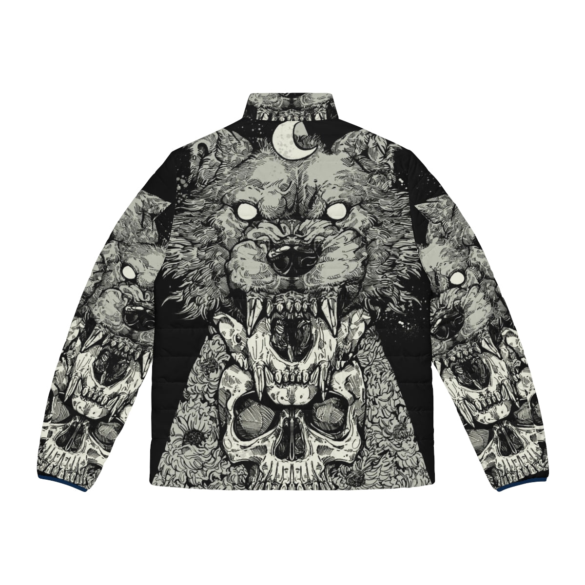 A sleek, black puffer jacket with a gothic, edgy design featuring a wolf and skull motif - Back