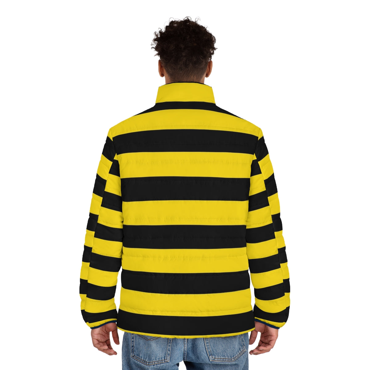 Vibrant yellow and black wide horizontal striped puffer jacket - men back