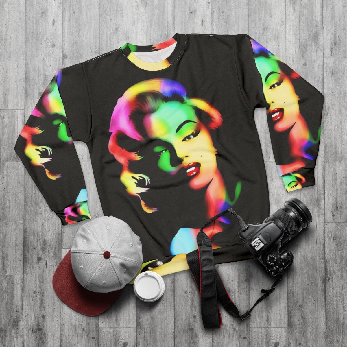 Marilyn Monroe in rainbow pop art design sweatshirt - flat lay