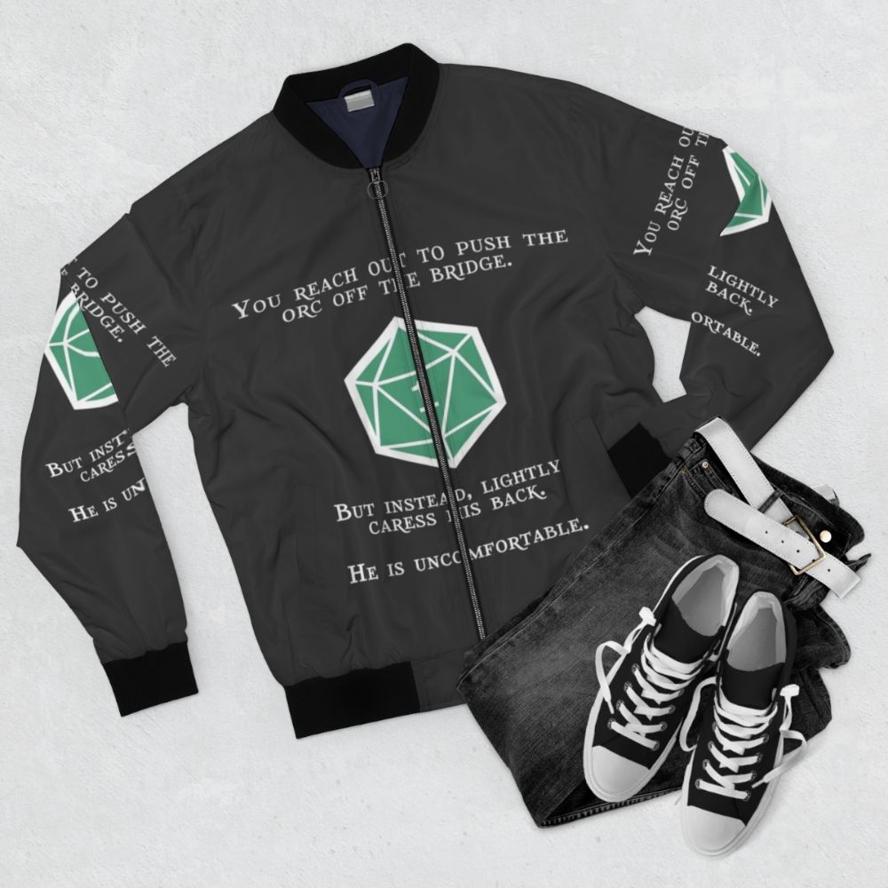 Orc-themed bomber jacket with a natural 1 design, perfect for D&D fans and tabletop RPG enthusiasts. - Flat lay