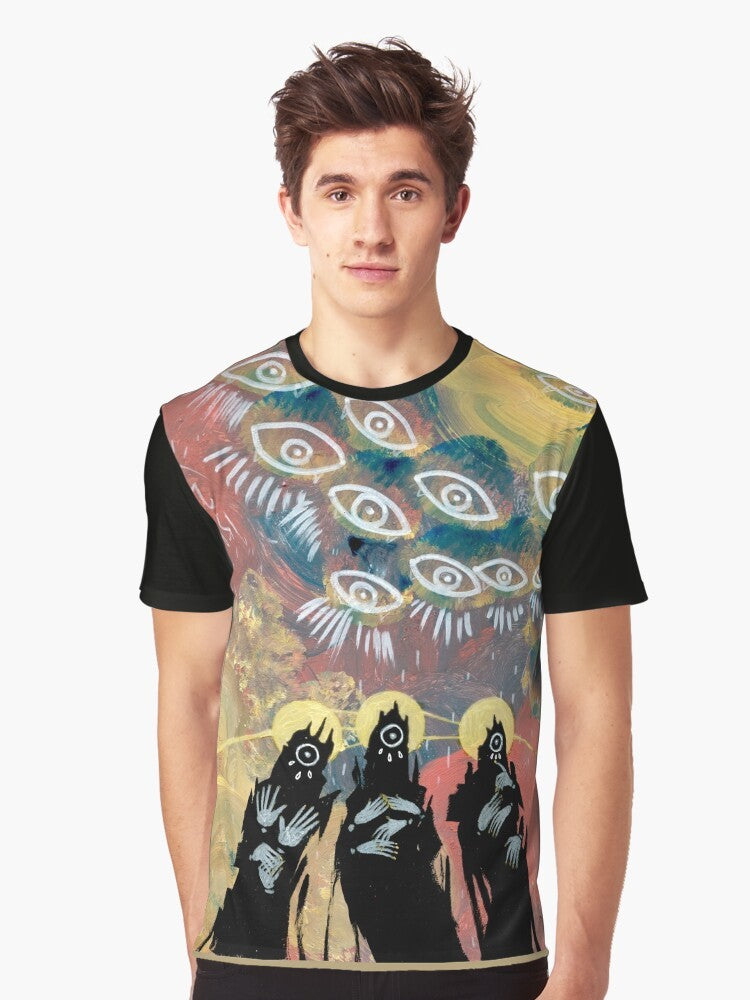 A graphic t-shirt featuring an eldritch, creepy eye design with a surreal, gothic horror aesthetic. - Men