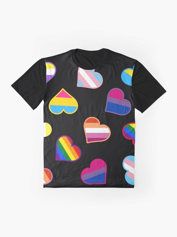 Colorful pride flags hearts design on a graphic t-shirt - Flat lay