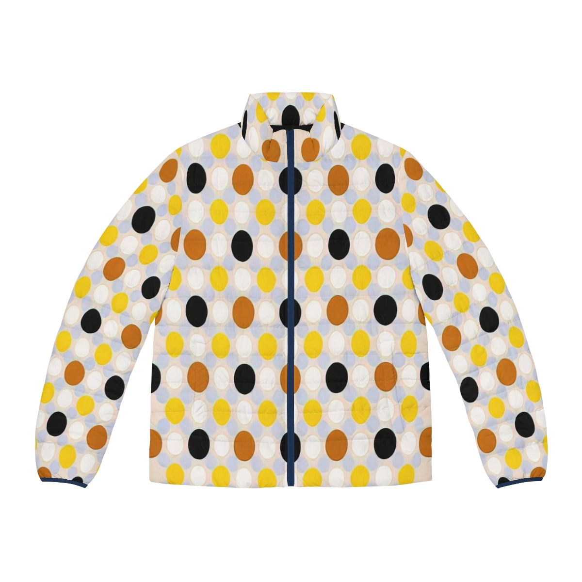 Puffer jacket in vibrant colors and geometric patterns, inspired by the abstract art of American painter Thomas Downing.