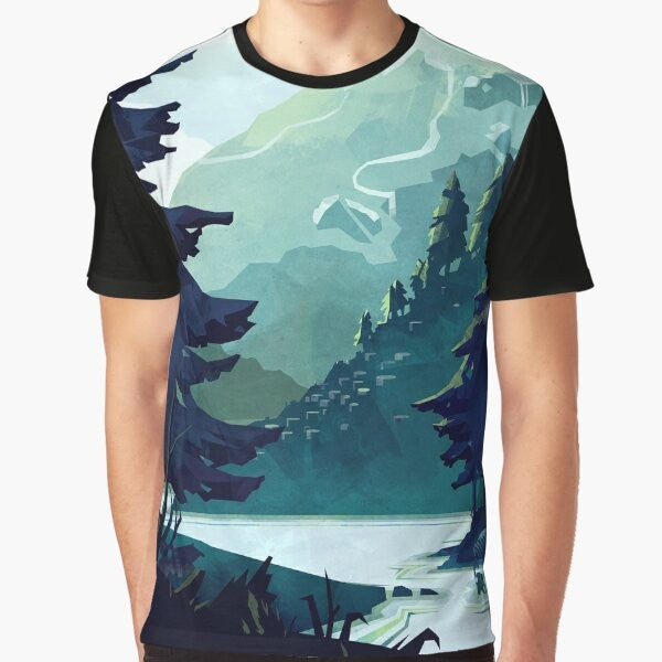 A t-shirt featuring a beautiful graphic design of the Canadian Rocky Mountains with a scenic landscape of mountains, water, and a colorful sky.