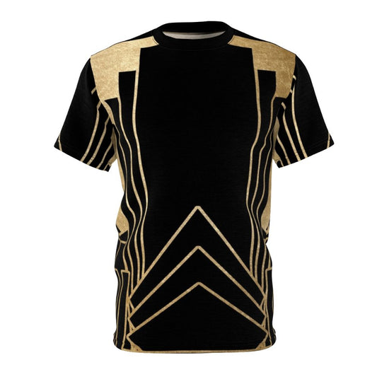 Model wearing a stylish art deco inspired t-shirt with a geometric pattern design