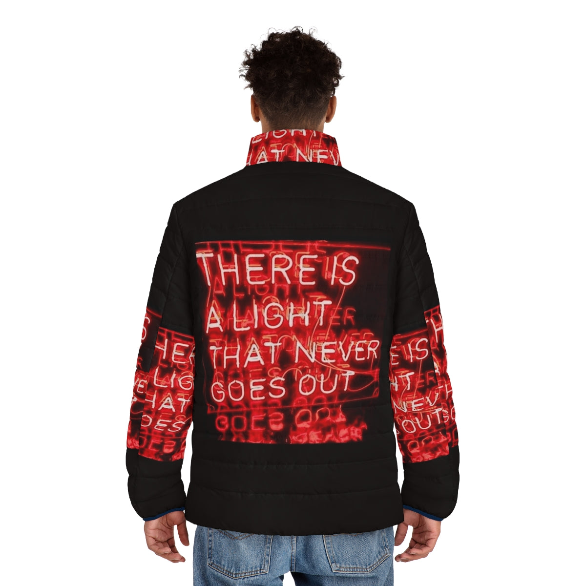 The Smiths "There Is A Light That Never Goes Out" Puffer Jacket with neon lights and red color - men back