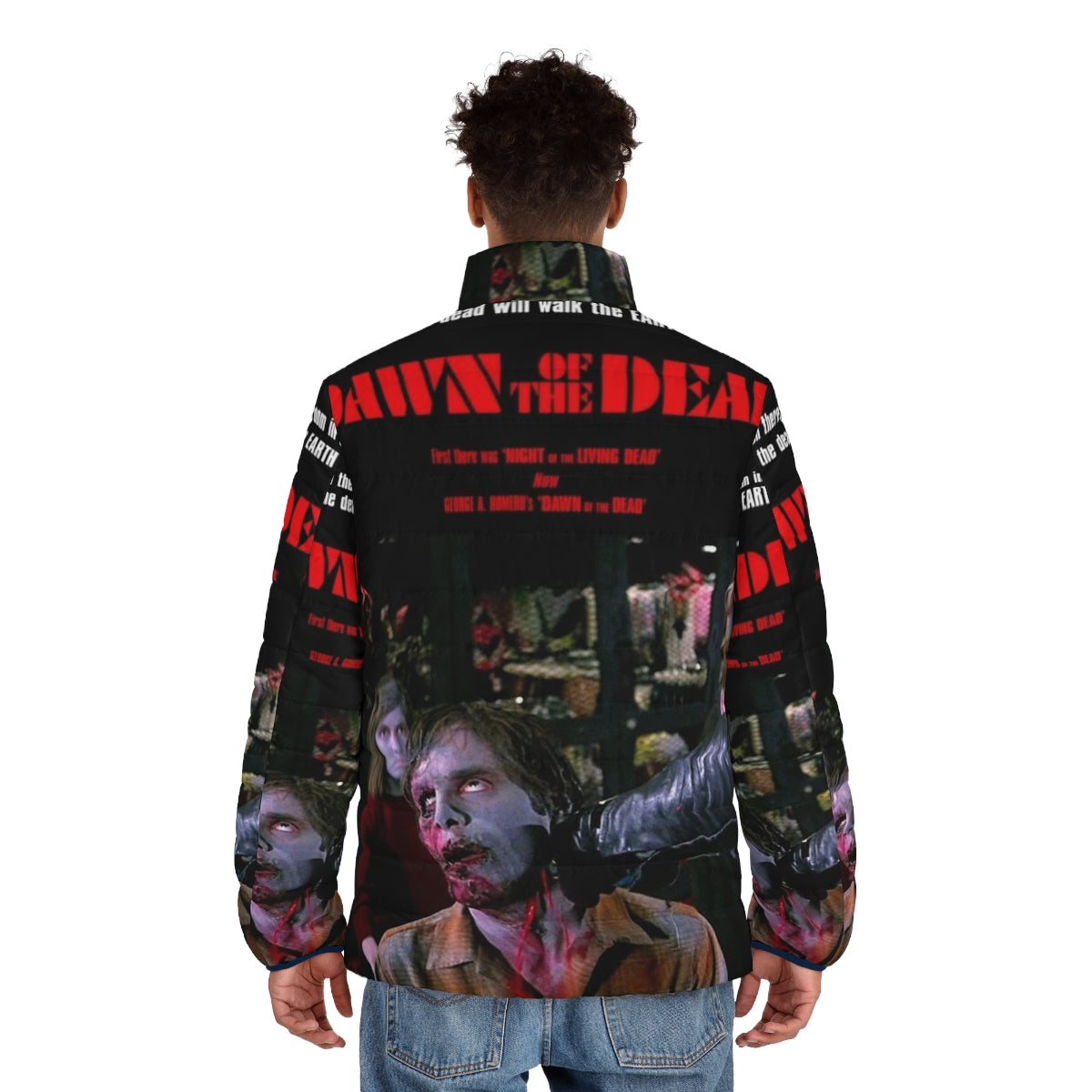 Dawn of the Dead horror-inspired puffer jacket with zombie and post-apocalyptic design - men back