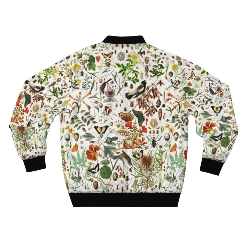 Vintage-style bomber jacket featuring a collage design of butterflies, birds, insects, and native Australian flora and fauna. - Back