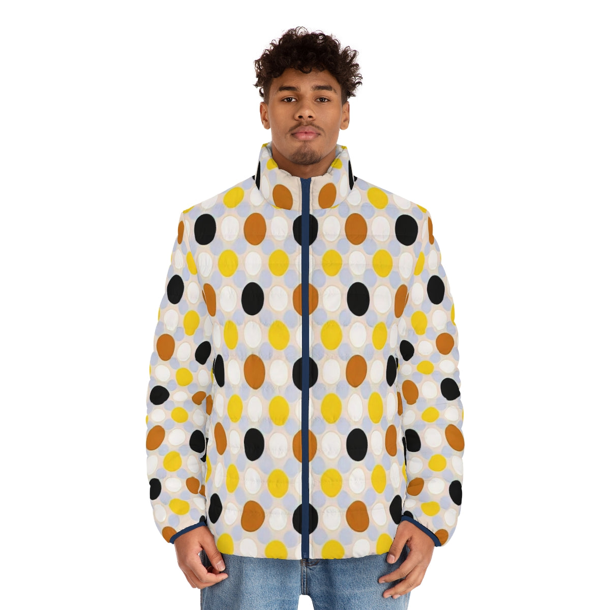 Puffer jacket in vibrant colors and geometric patterns, inspired by the abstract art of American painter Thomas Downing. - men front