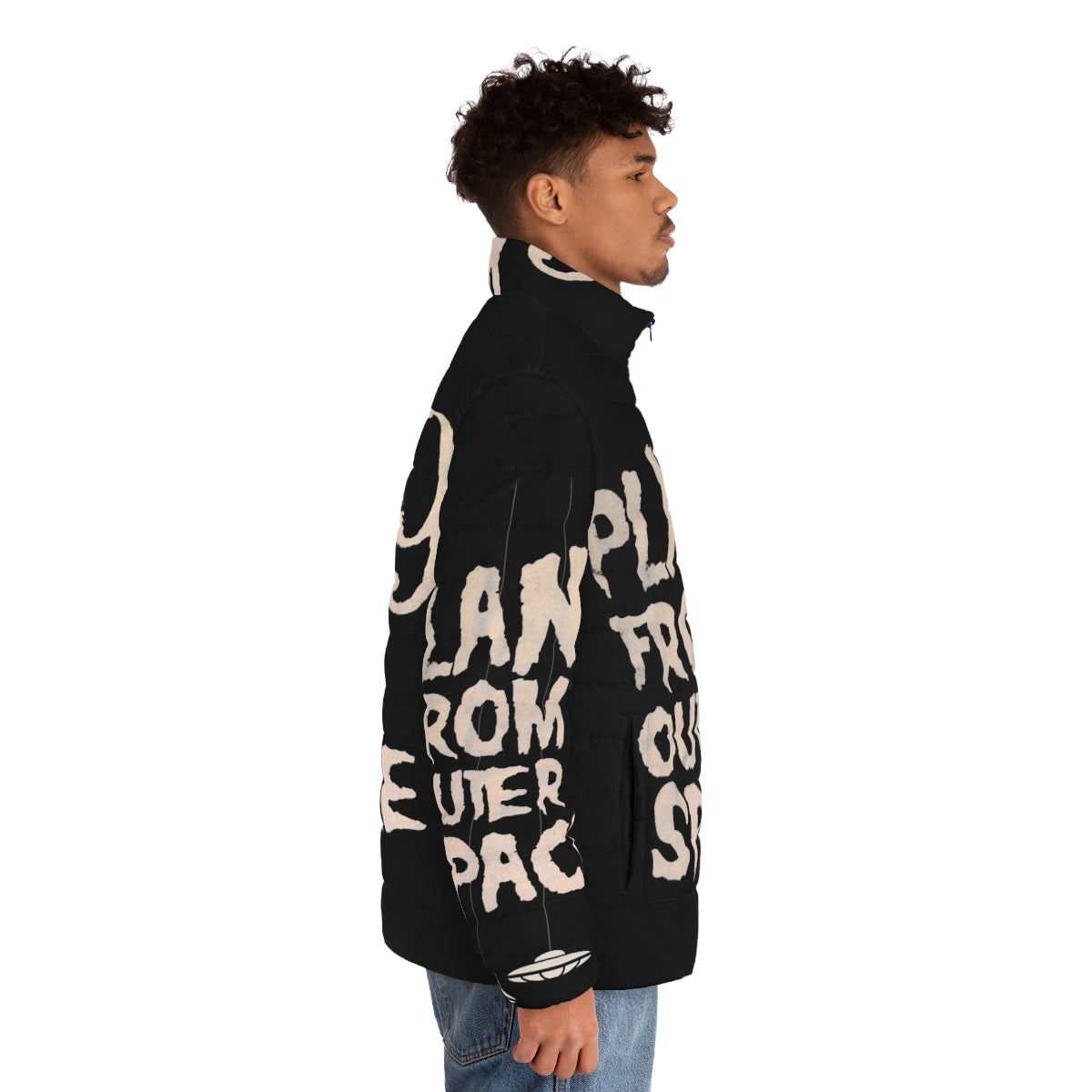 Vintage-inspired Plan 9 From Outer Space puffer jacket with sci-fi cult movie graphics - men side right