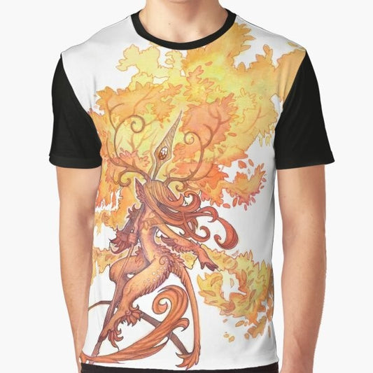 A t-shirt featuring a graphic design of the forest spirit Pan, with trees and magical elements.