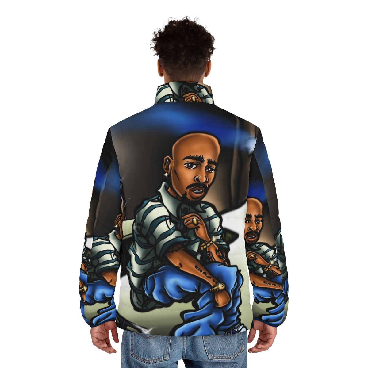 Puffer jacket with anime-inspired airbrush art design - men back