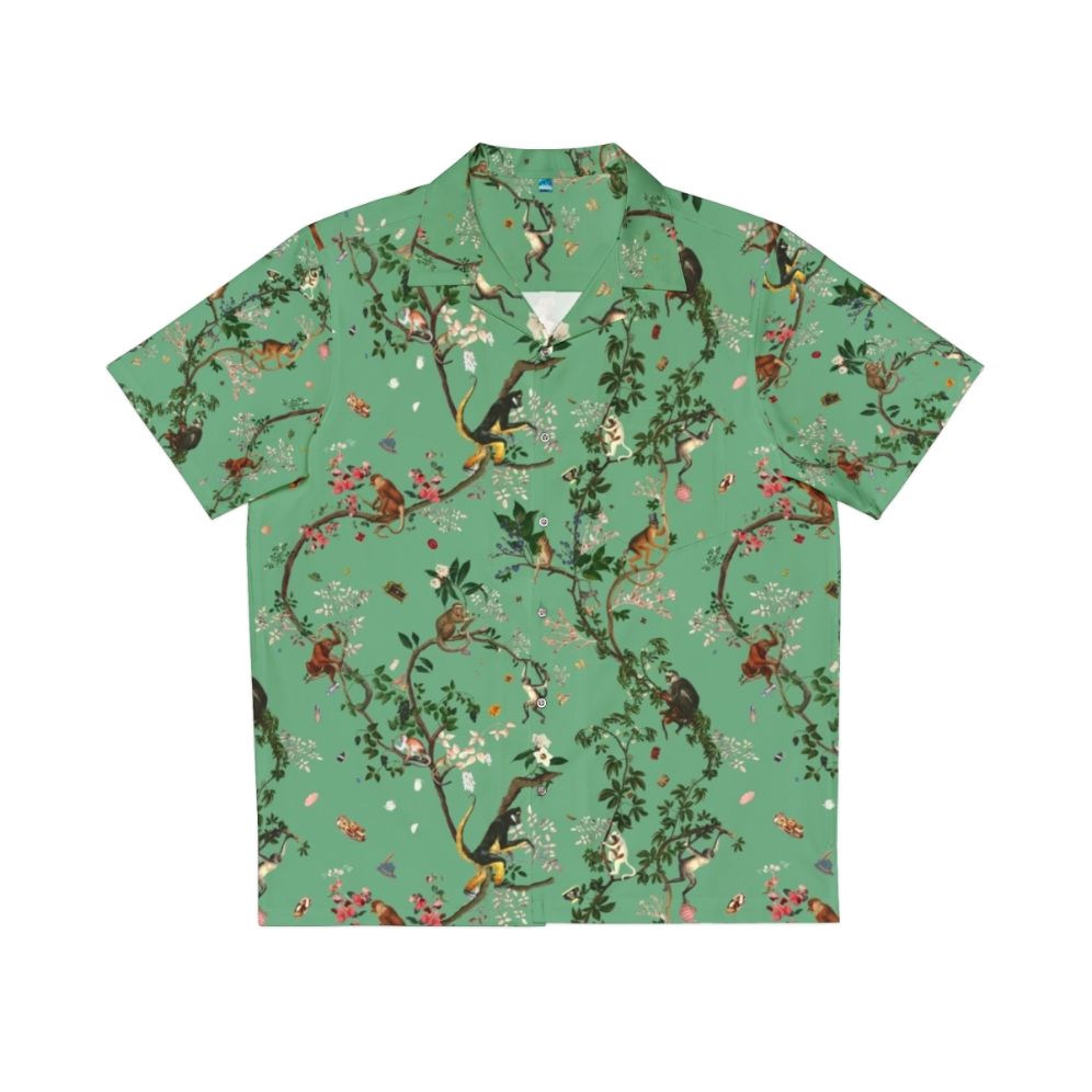 Monkey World Green Hawaiian Shirt with Lush Tropical Floral Print