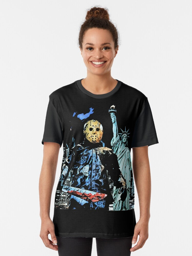 "Jason Takes Manhattan" graphic t-shirt featuring the iconic hockey mask and blood-spattered design from the Friday the 13th horror franchise - Women