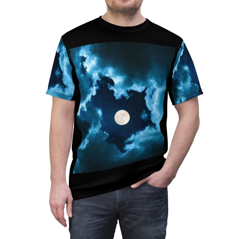 Moonshine-inspired cosmic t-shirt with galaxy, stars, and celestial elements - men front