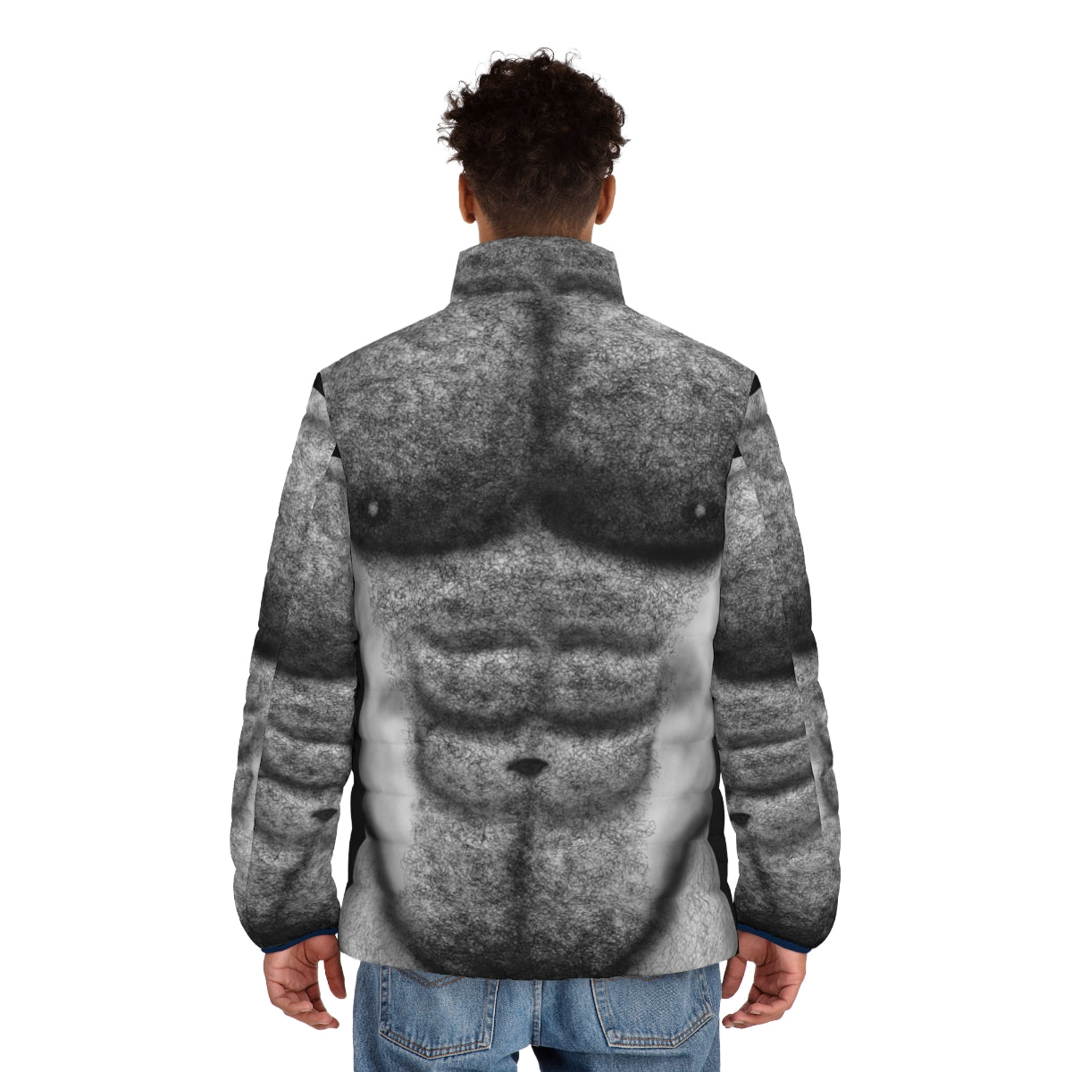 Muscular hairy male torso in a black and white puffer jacket - men back