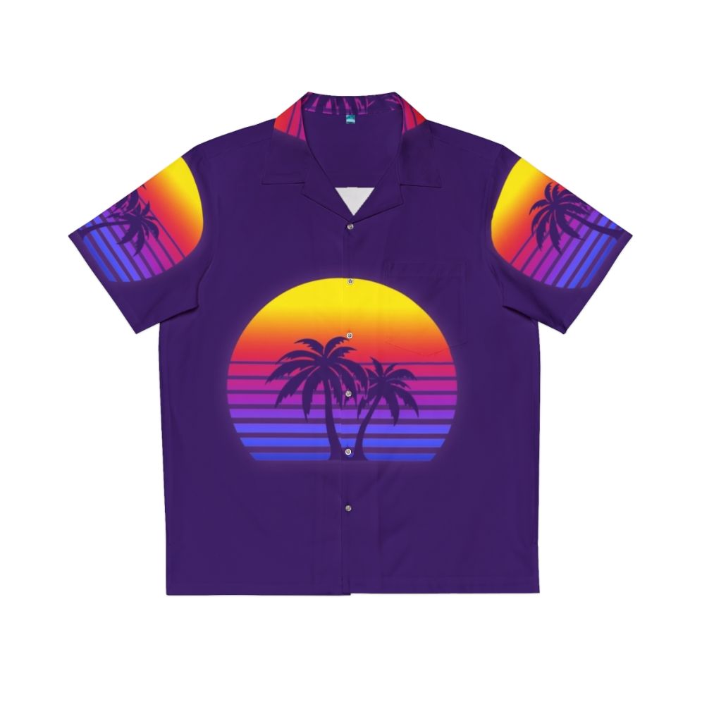 Synthwave Hawaiian Shirt with Retro Palm Trees and Neon Sunset