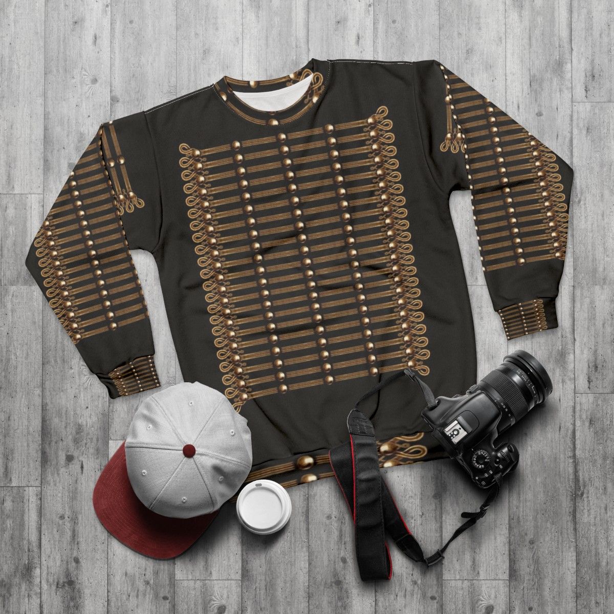 Hussar sweatshirt with Napoleonic-era military jacket design - flat lay