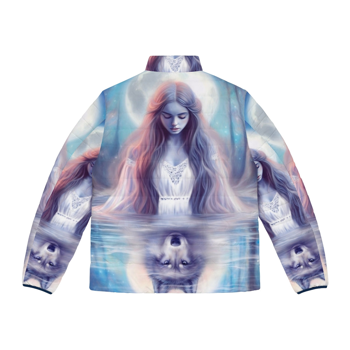 Enchanting pastel puffer jacket featuring a mystical wolf design in a serene forest landscape - Back