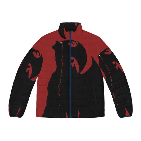 Devilman Crybaby anime-inspired puffer jacket with black and white superhero design