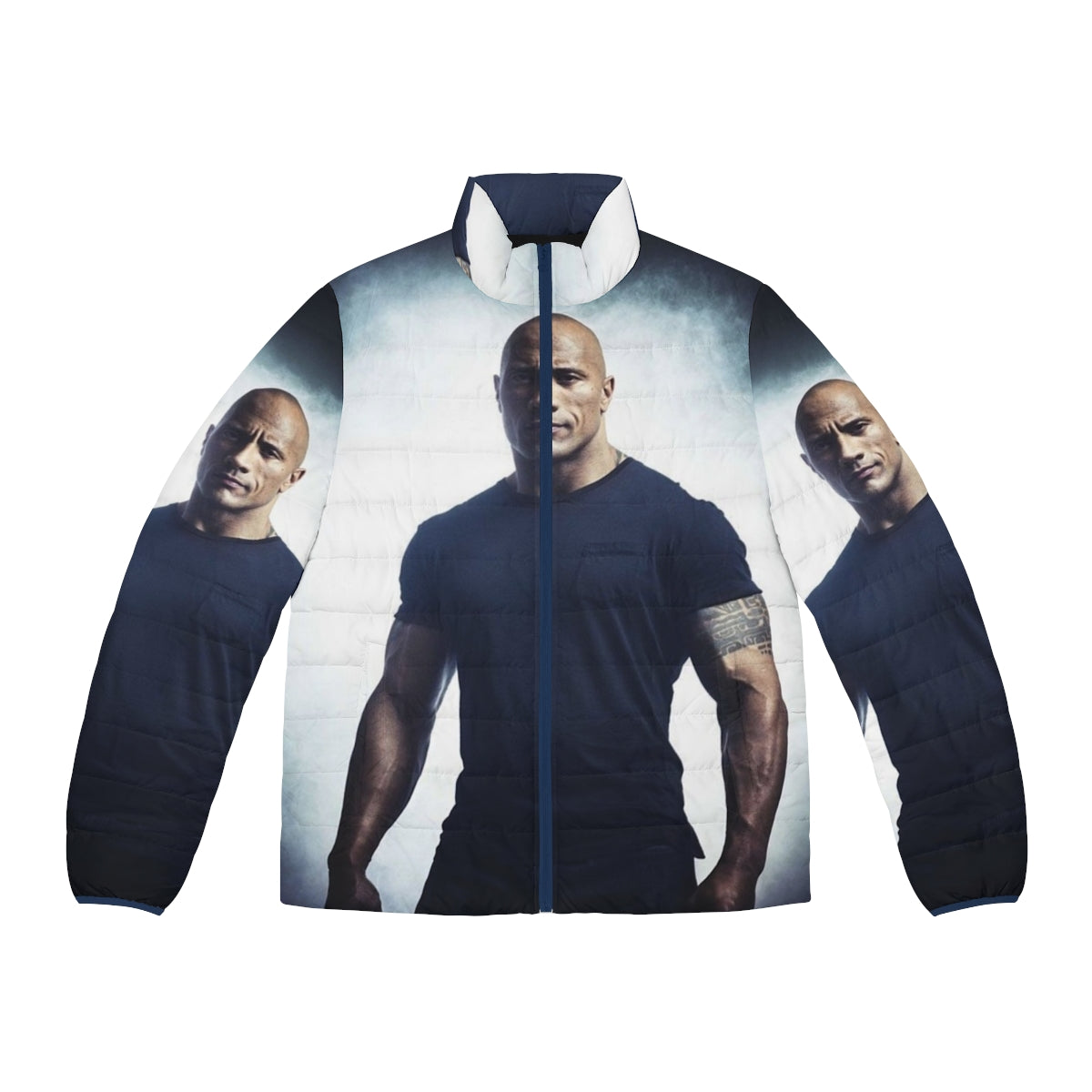 Dwayne Johnson wearing a black puffer jacket