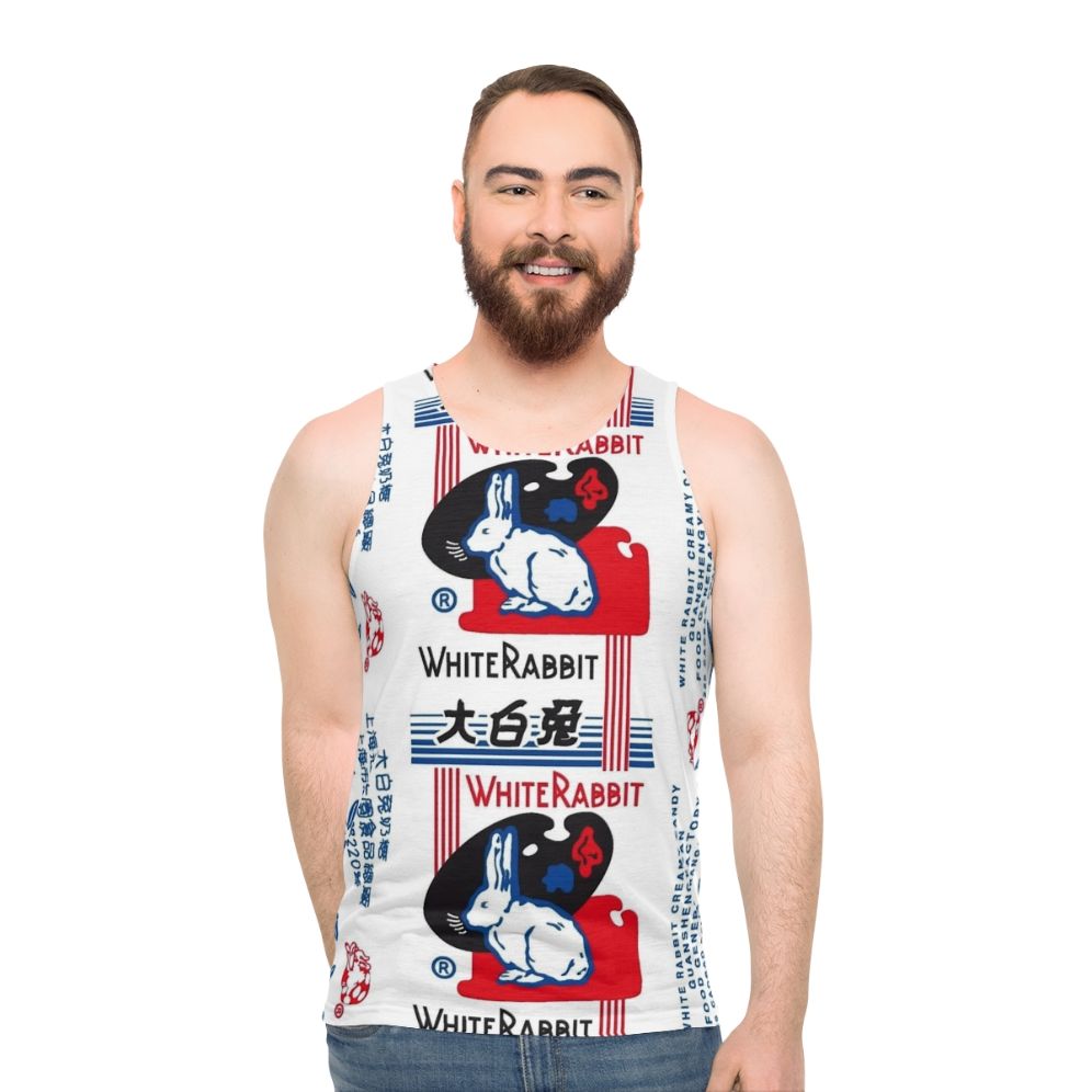 Unisex white tank top with white rabbit candy design - men