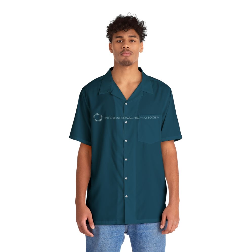 Blue Hawaiian Shirt with International High IQ Society Logo - People Front