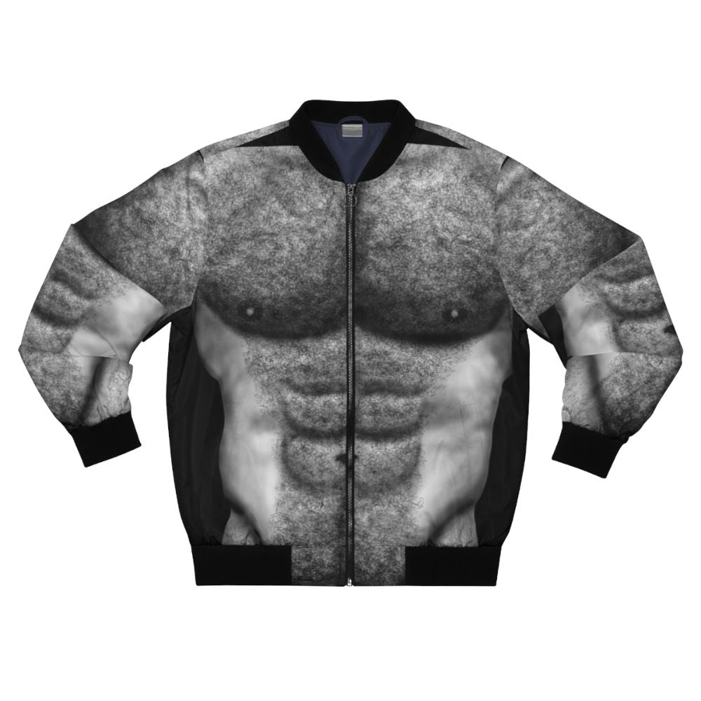 Bomber jacket featuring the hairy torso of a naked, muscular male figure in black and white.